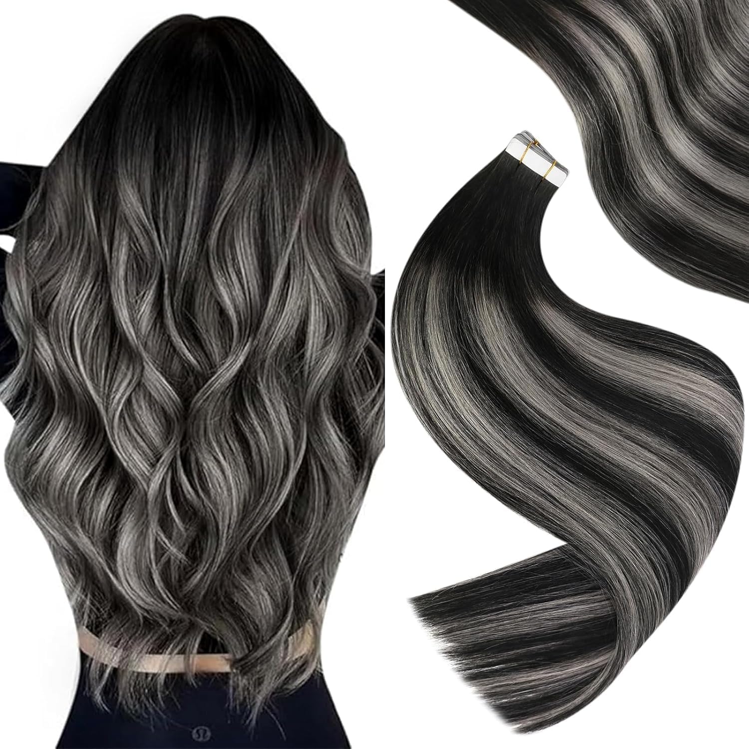 Easyouth Ombre Tape in Hair Extensions Human Hair Black Ombre Glue in Hair Exten...