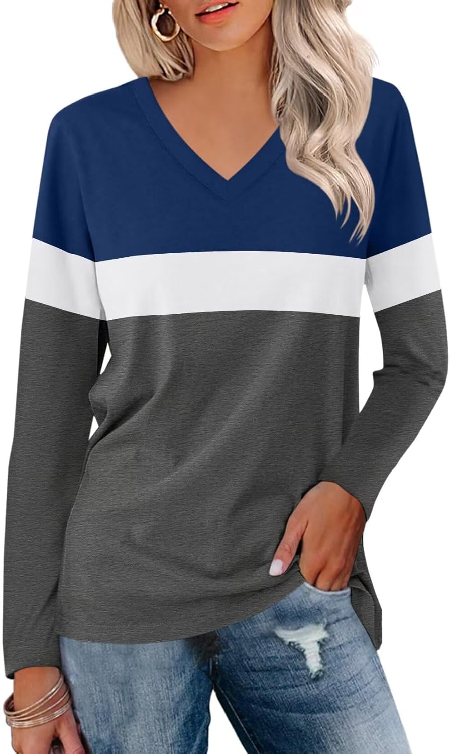 Minetom Women's V Neck Long Sleeve T Shirts Casual Color Block/Solid Tunic Tops...