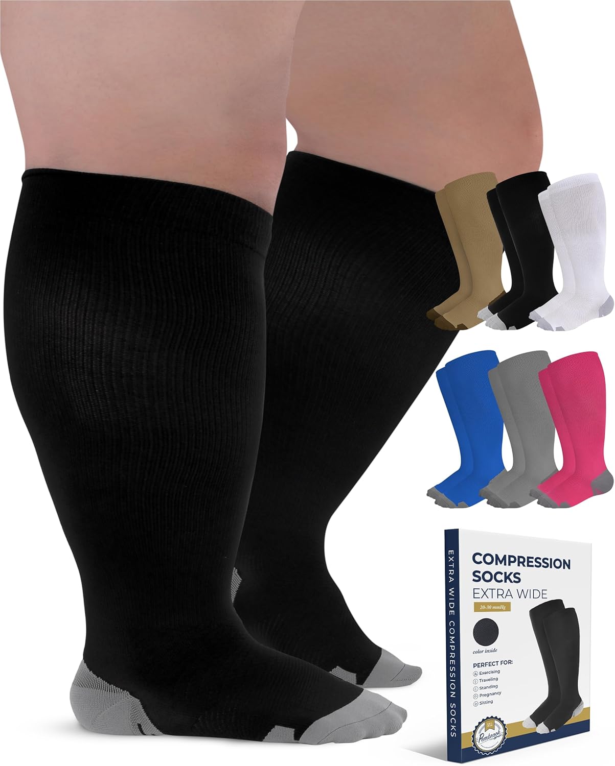 Pembrook Plus Size Compression Socks Wide Calf - Up to 6XL | Black Wide Calf Com...