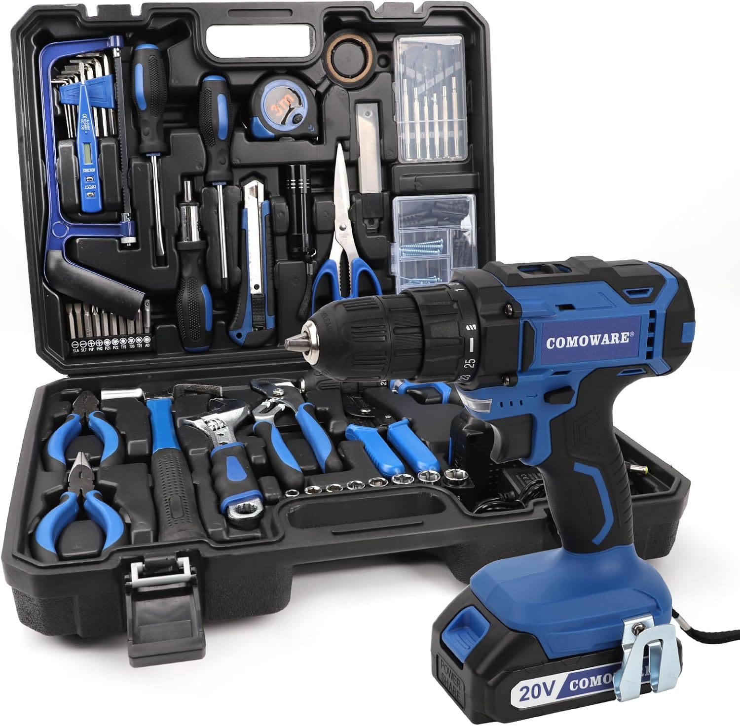 COMOWARE 120 Pcs Home Tool Kit with Drill, 20V Power Tool Combo Kits with 2.0 Ah...