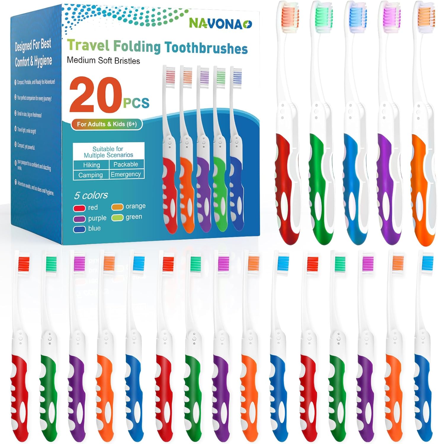 Navona 20 PCS Travel Toothbrush Bulk, Folding Toothbrushes, Individually Wrapped...