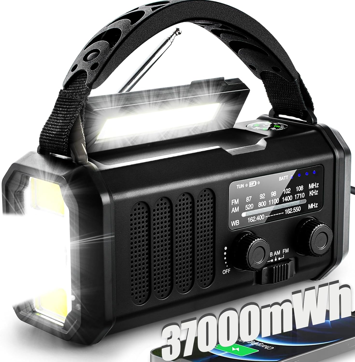 QAUYYW10000mAh/37000mWh Emergency Hand Crank Radio AM/FM with LED Flashlight Sol...