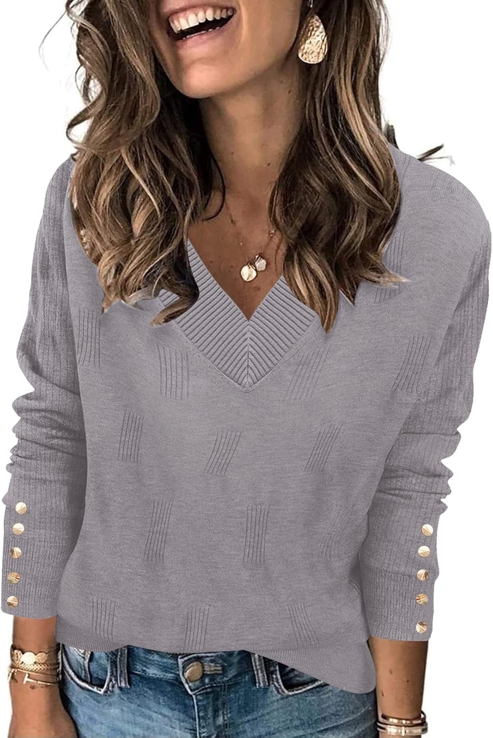 AKEWEI Womens V Neck Sweaters Long Sleeve Lightweight Knit Pullover Tops with De...