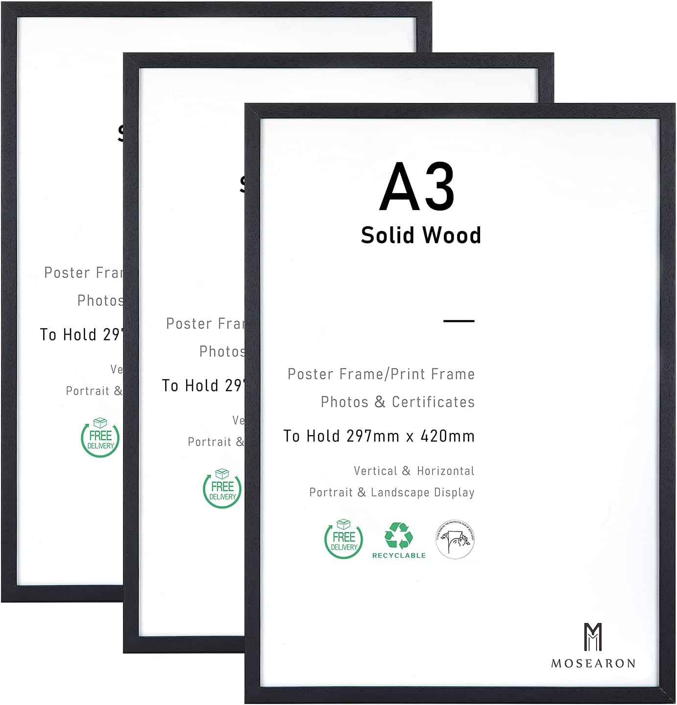 A3 Picture Frame, Set of 3, Black Wooden Picture Frame with Plexi Glass for Wall...
