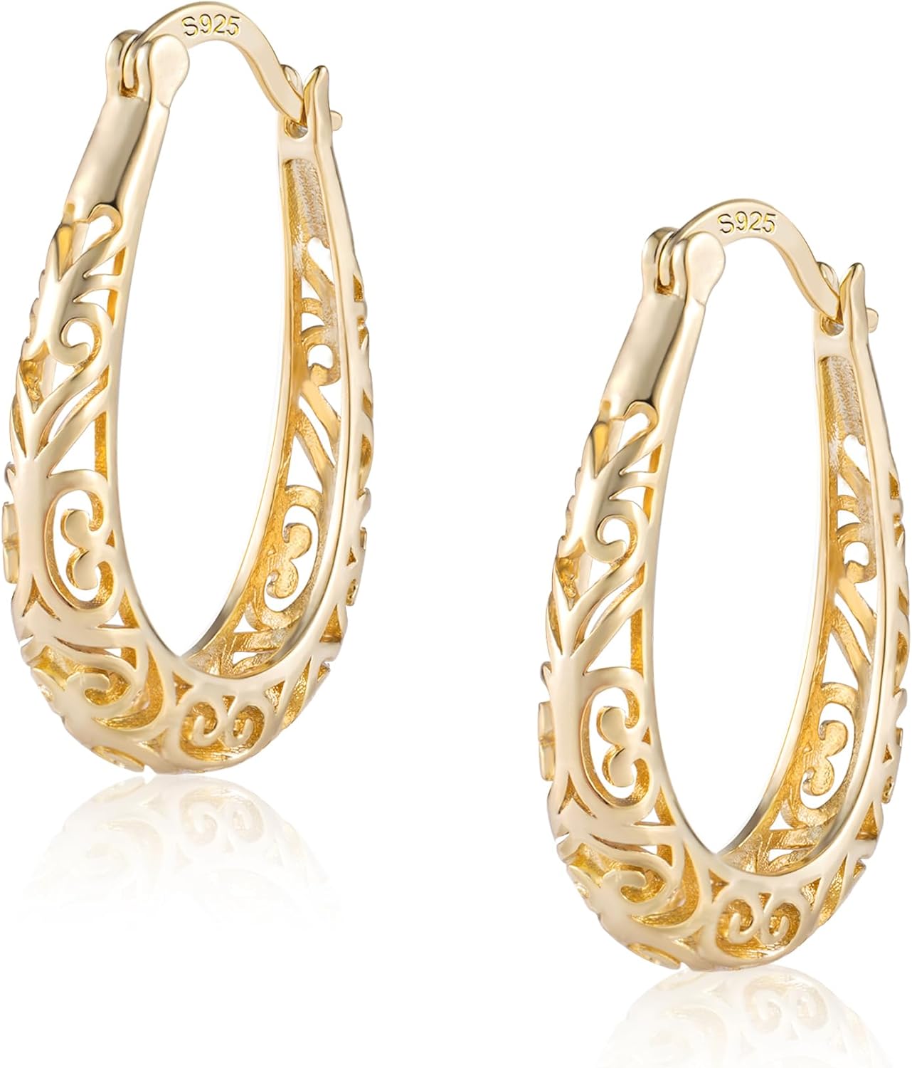 925 Sterling Silver Post Filigree Hoop Earrings for Women Hollow Oval Hoop Earri...