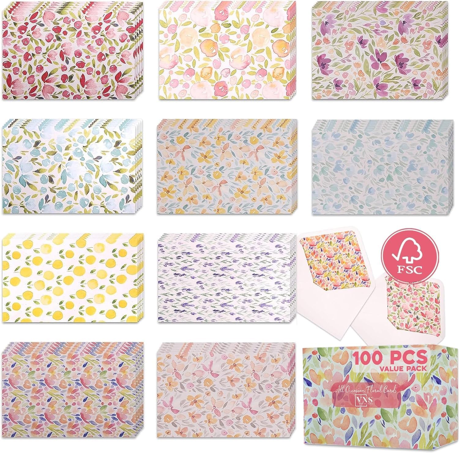 VNS Creations 100 Plain Floral Blank Cards and Envelopes - 4x6 Watercolor Blank...