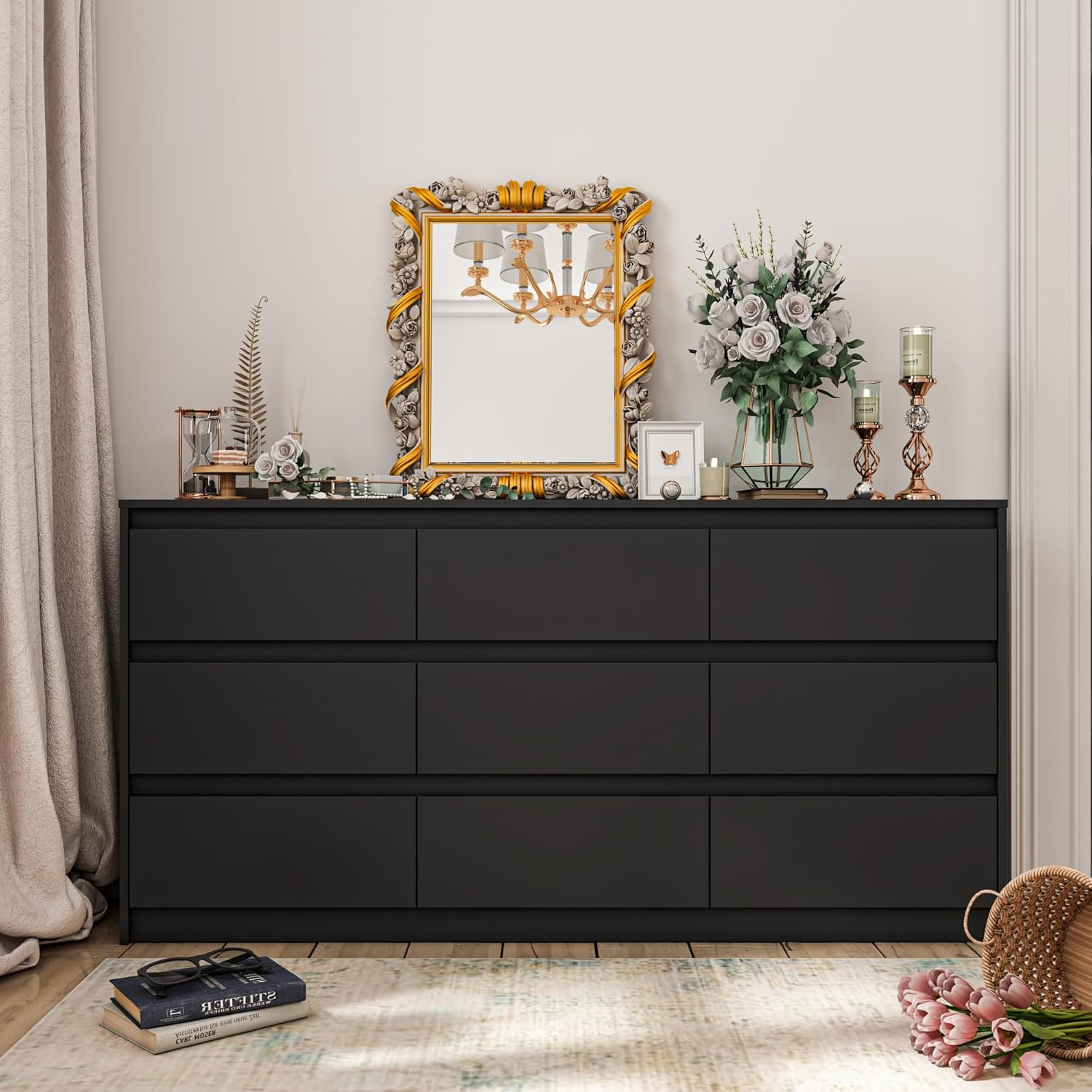 Hitow Dresser, Special Dresser for Bedroom with 9 Deep Drawers, Unique Large Mod...