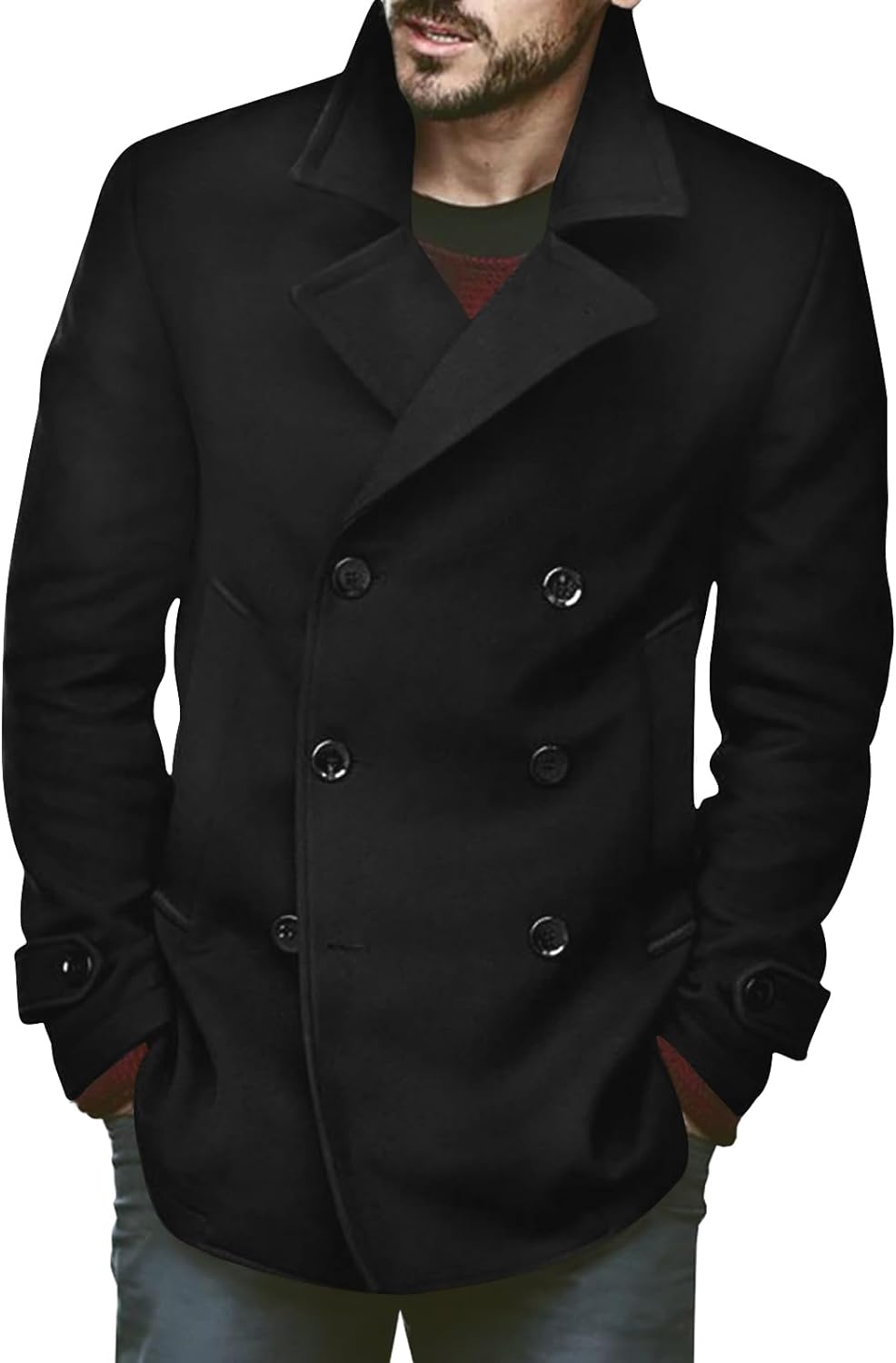 Bbalizko Mens Classic Pea Coat Notched Collar Double Breasted Slim Fit Winter Wa...