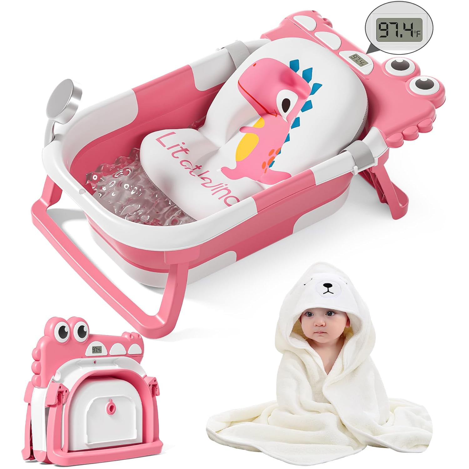 MoreFeel Collapsible Baby Bathtub for Newborn with Thermometer & 1 Hooded Towel...