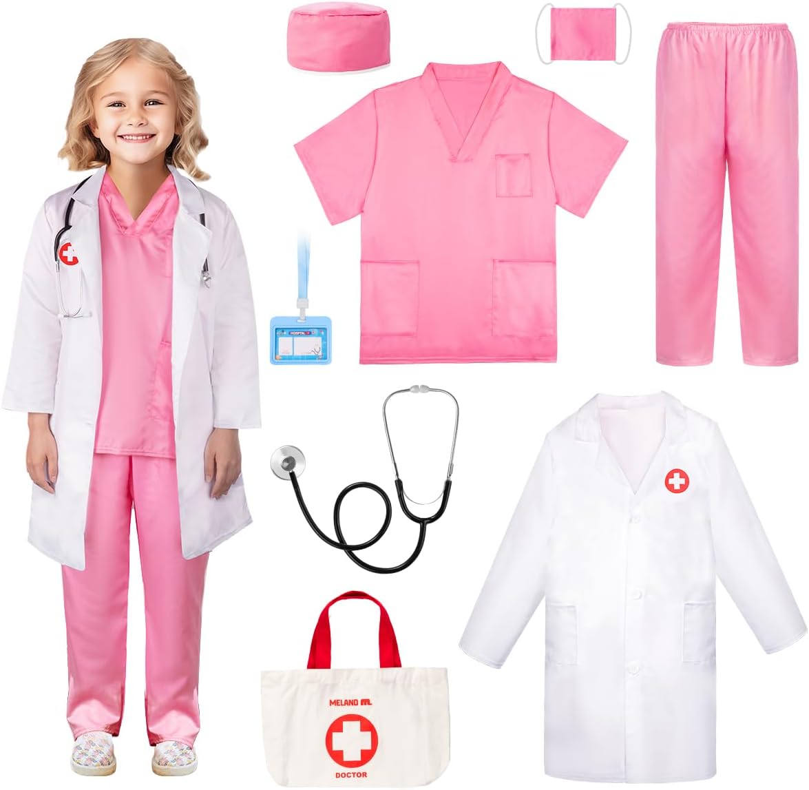 Meland Doctor Costume for Kids - Kids Scrubs with Lab Coat & Carry Bag, Doctor D...