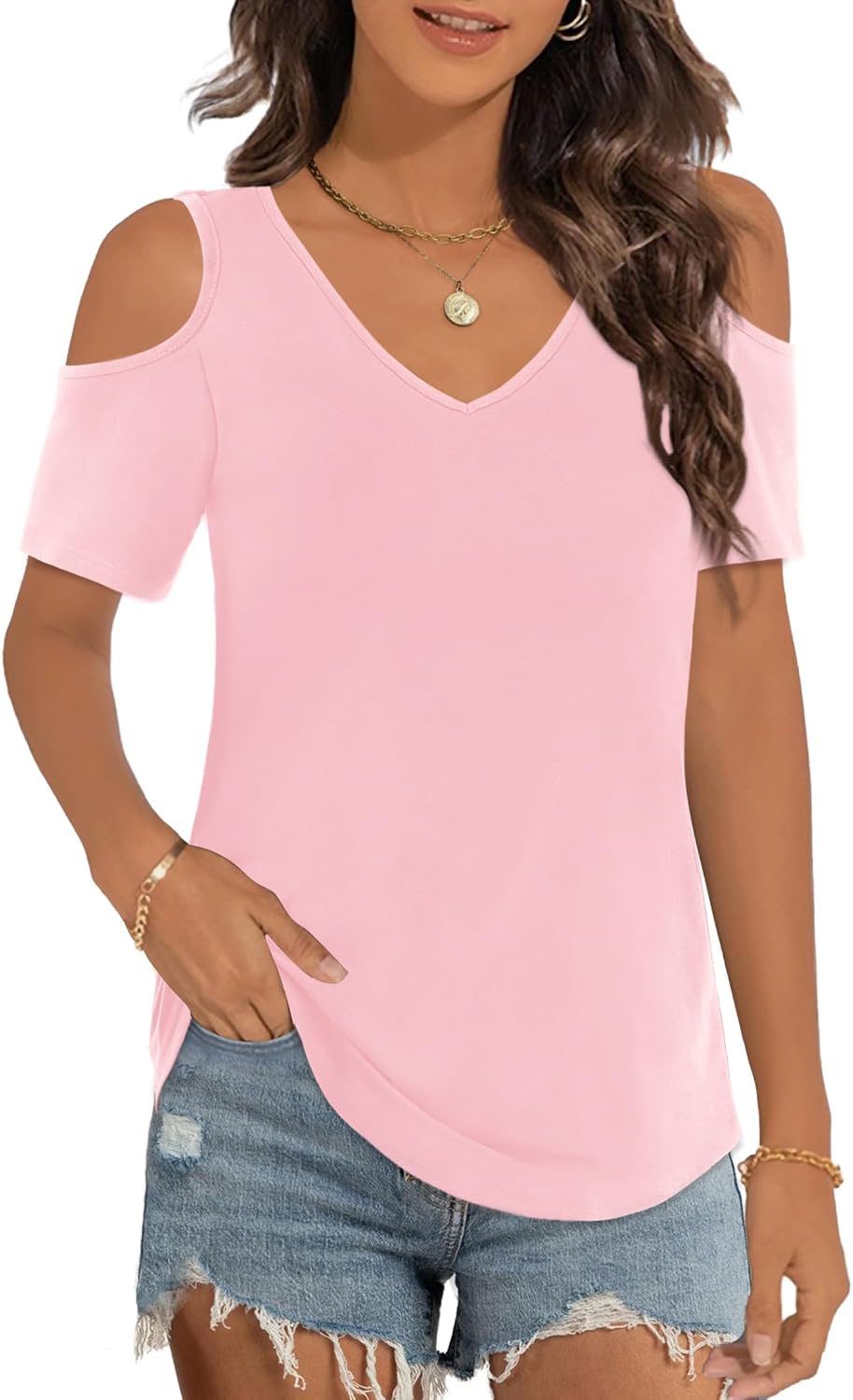 Elesomo Womens V Neck Cold Shoulder Tops, Special Summer T Shirts with Short/Lon...