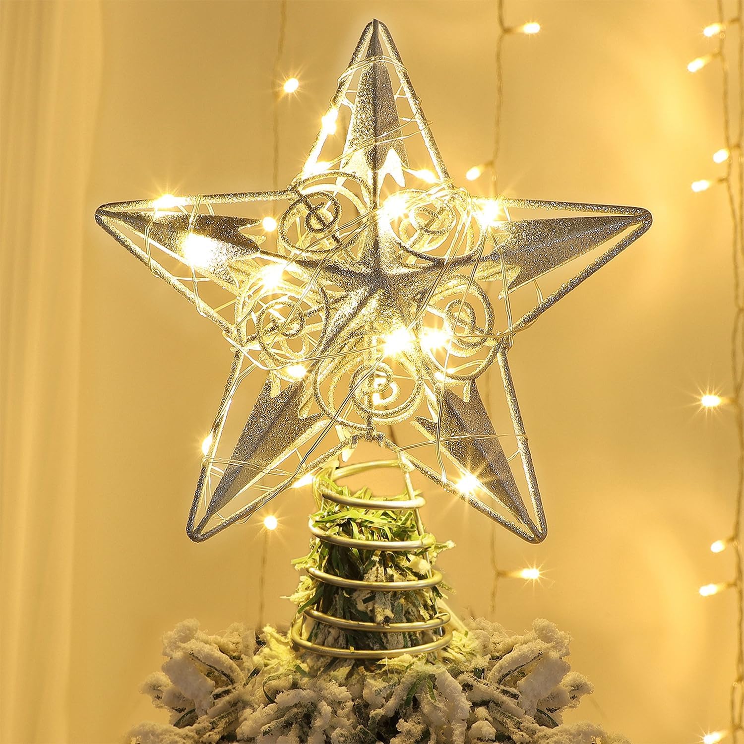 Juegoal Star Tree Topper with 20 LED Lights, Metal Silver Lighted Treetop Orname...