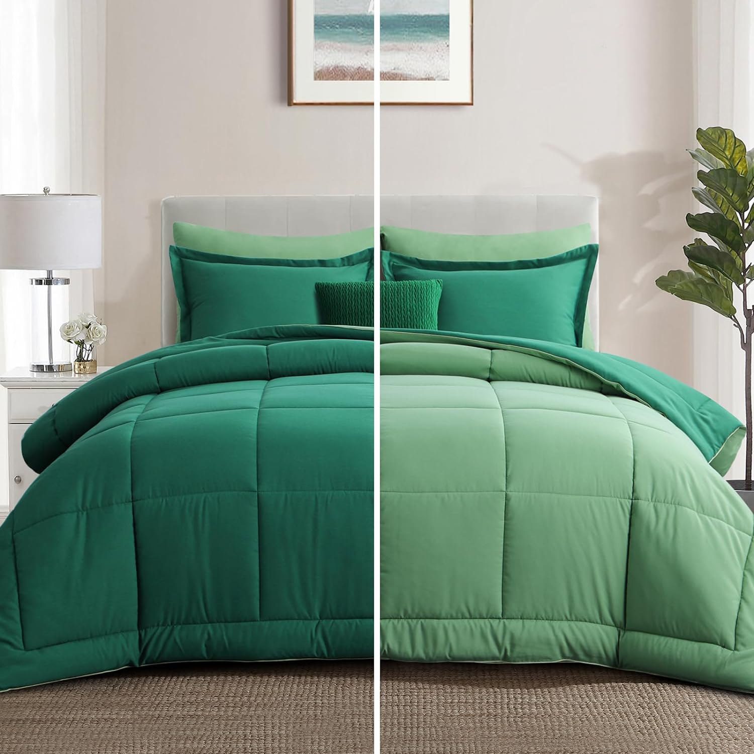 Aisbo Emerald and Sage Green Comforter Set Queen - 3-Pieces Soft Reversible Comf...