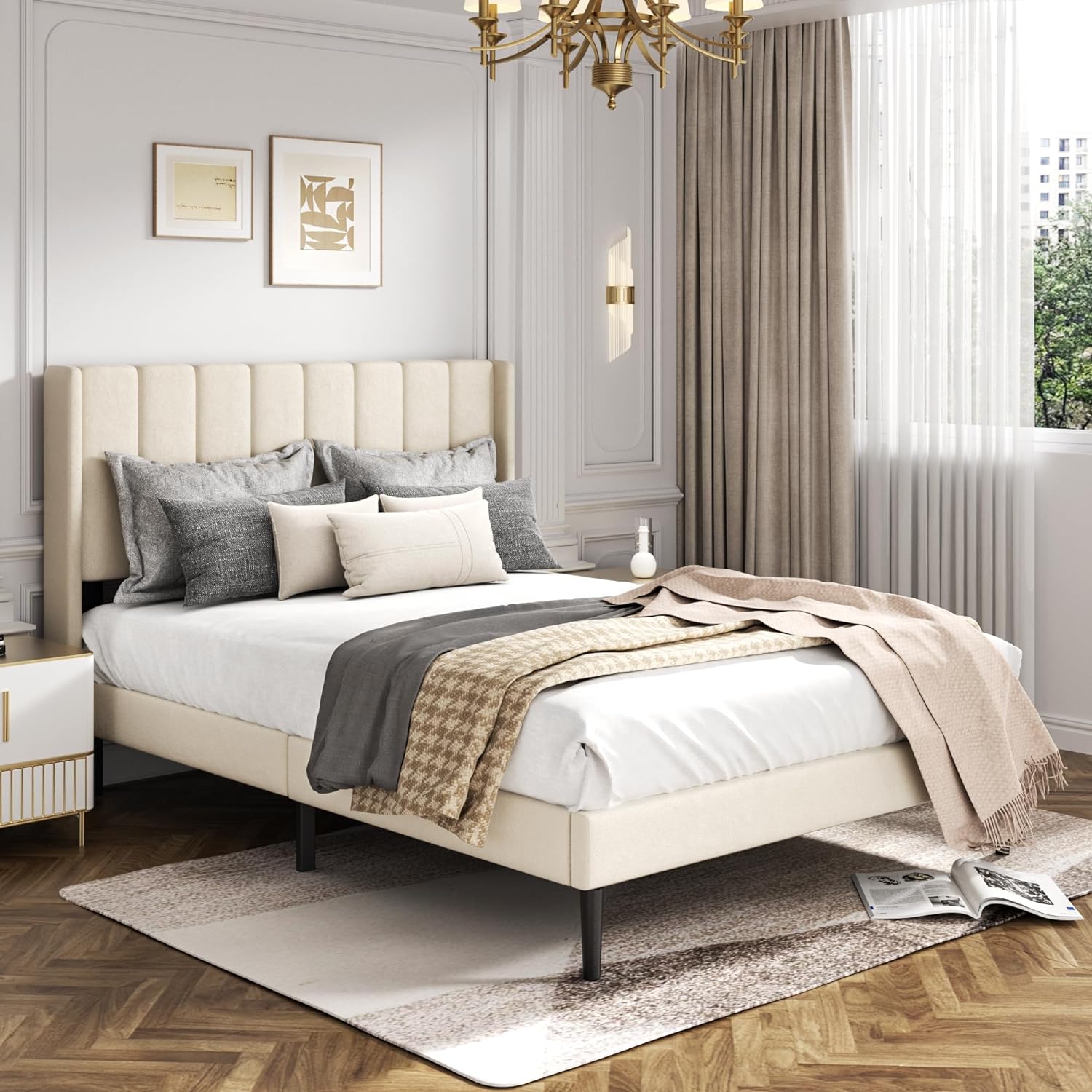 Queen Size Velvet Bed Frame with Vertical Chanel Tufted Headboard and Wingback,...