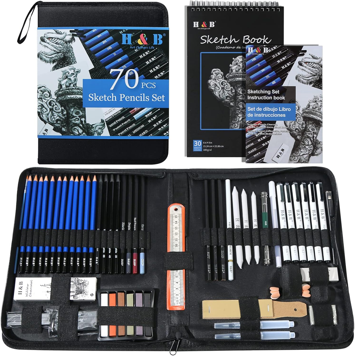 H & B 70 Pack Sketching Pencil Set with Sketchbook, Professional Sketch Pencils...