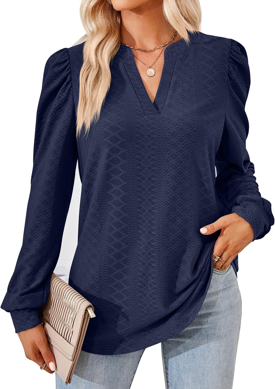 Mansy Womens Tops Dressy Casual Puff Long Sleeve V Neck Shirt 2023 Fashion Eyele...