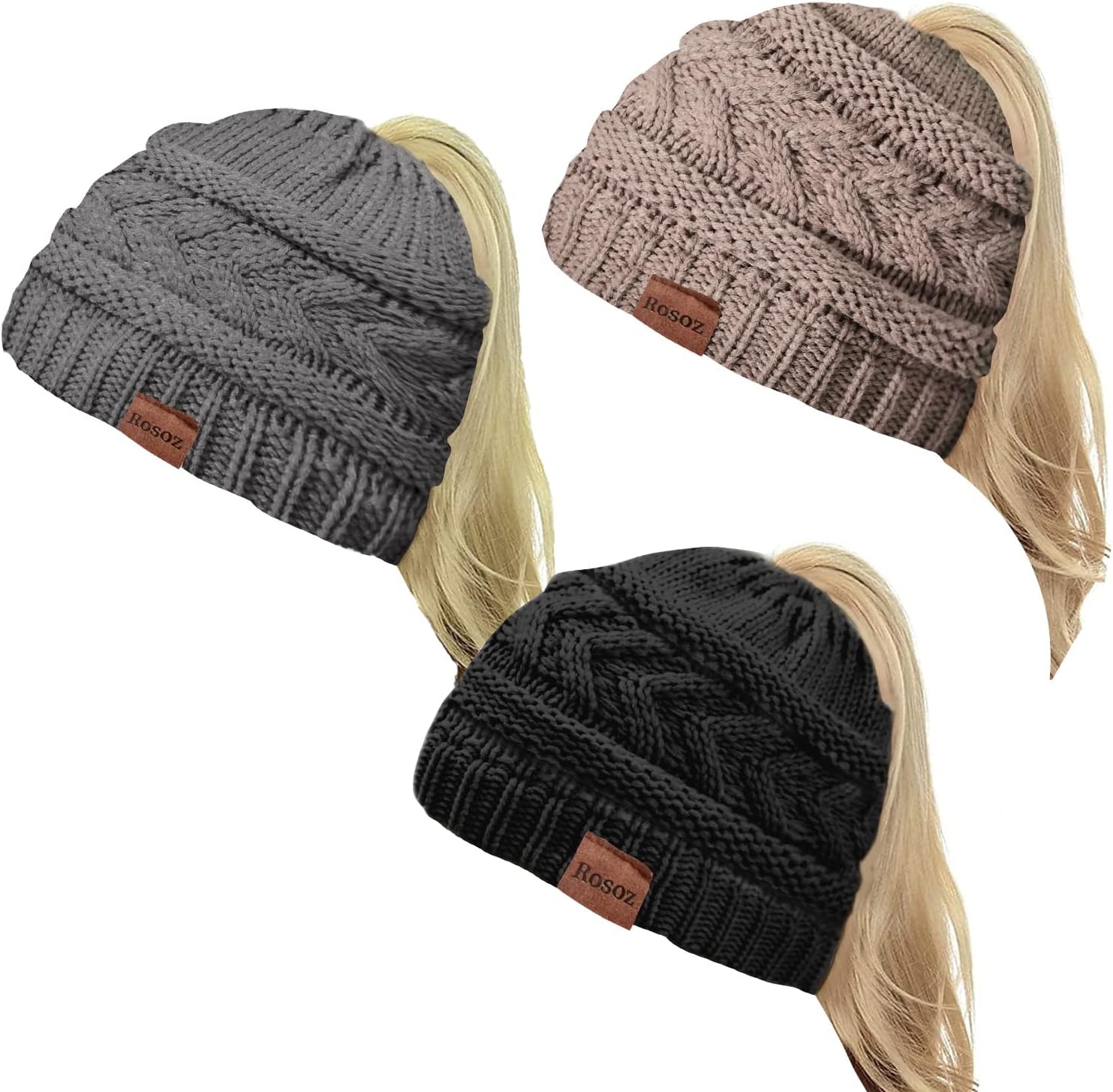 Rosoz 2 Pack Ponytail Beanie for Women,Winter Warm Beanie Tail Soft Stretch Cabl...
