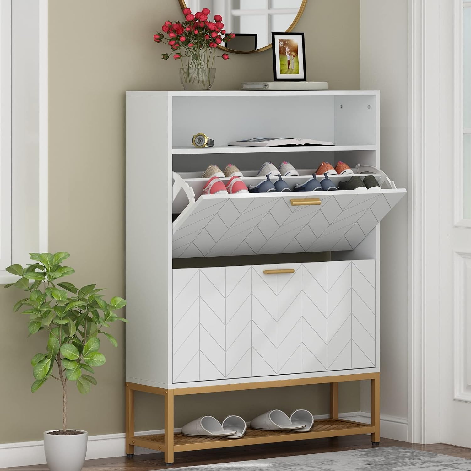 Loomie Shoe Cabinet, Free Standing Tipping Bucket Shoe Rack Organizer with 2 Fli...