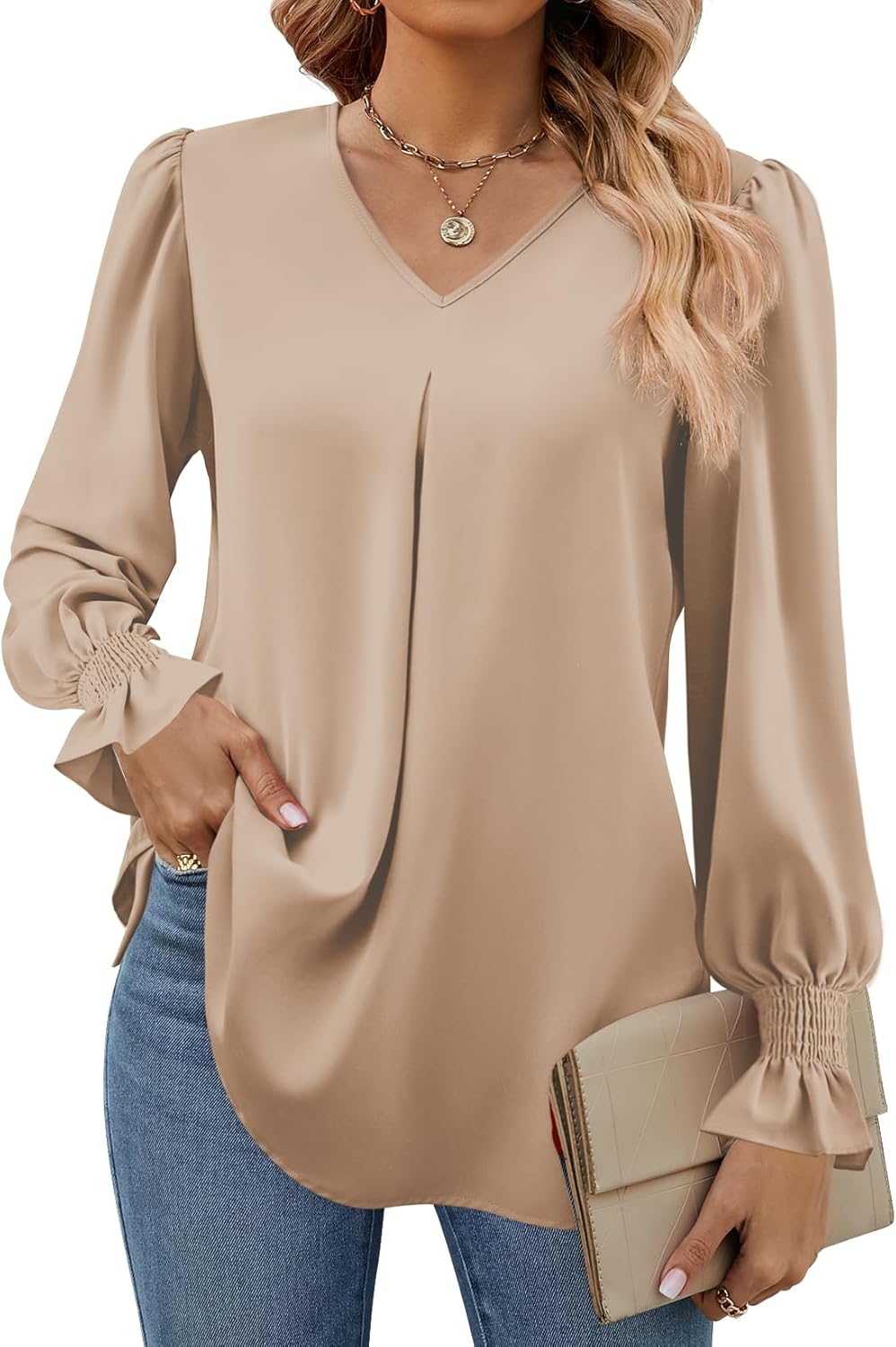 Funlingo Women's 2024 Long Sleeve Tops Dressy Casual V Neck Tunic Shirts Loose C...