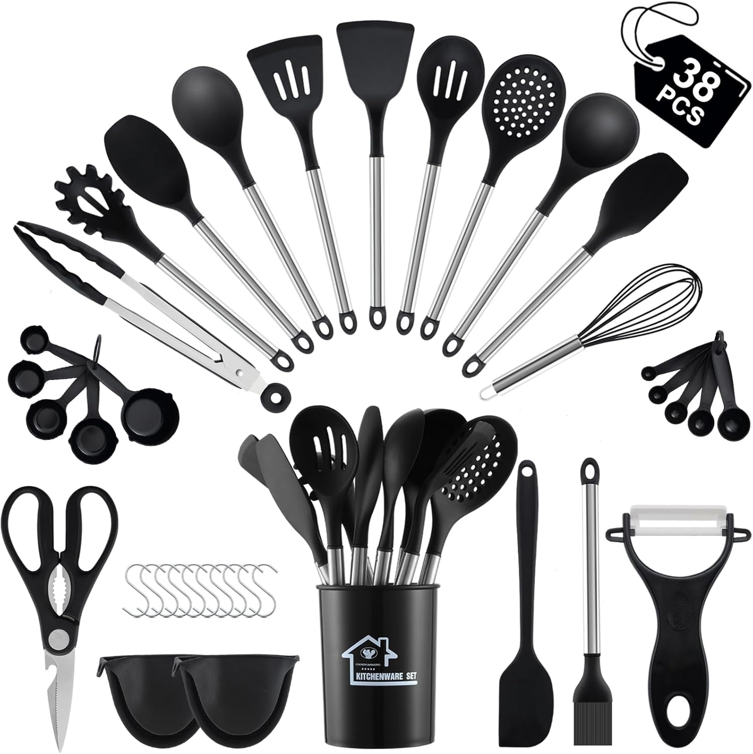 38 Pieces Kitchen Utensils Set, BEWOS Silicone Cooking Utensils Set with Spatula...