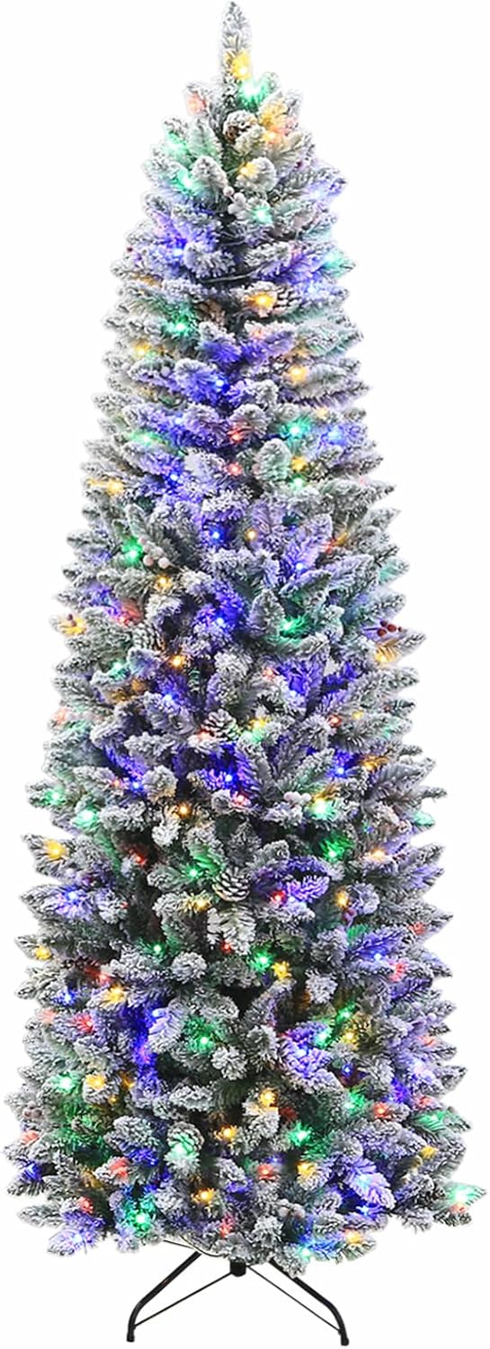 Hykolity 7.5 ft Prelit Snow Flocked Pencil Slim Christmas Tree with 300 Color Ch...