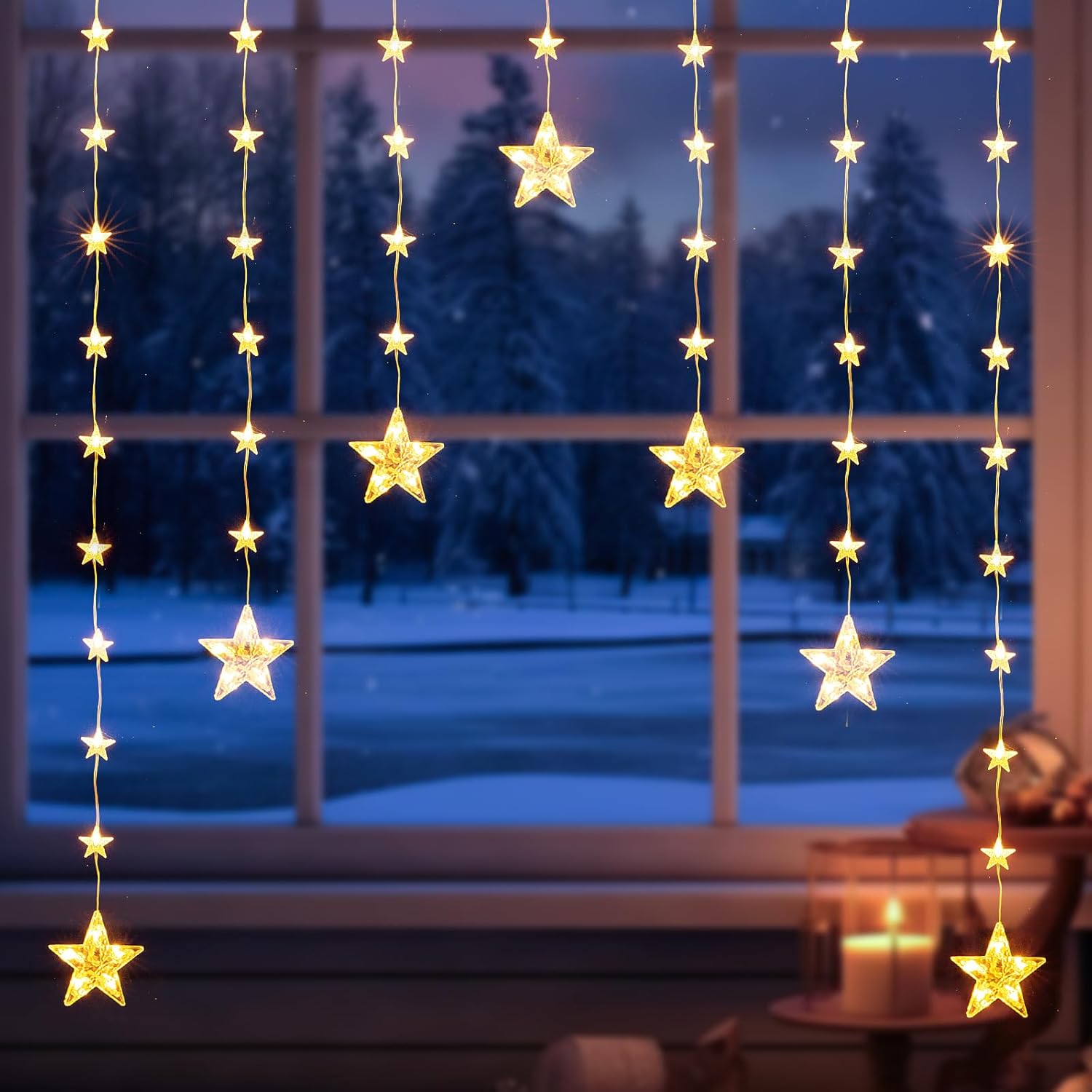 Quntis Christmas Star Window Lights, 1.5m 46 Star Curtain Lights 8 Modes Ip65 Wa...
