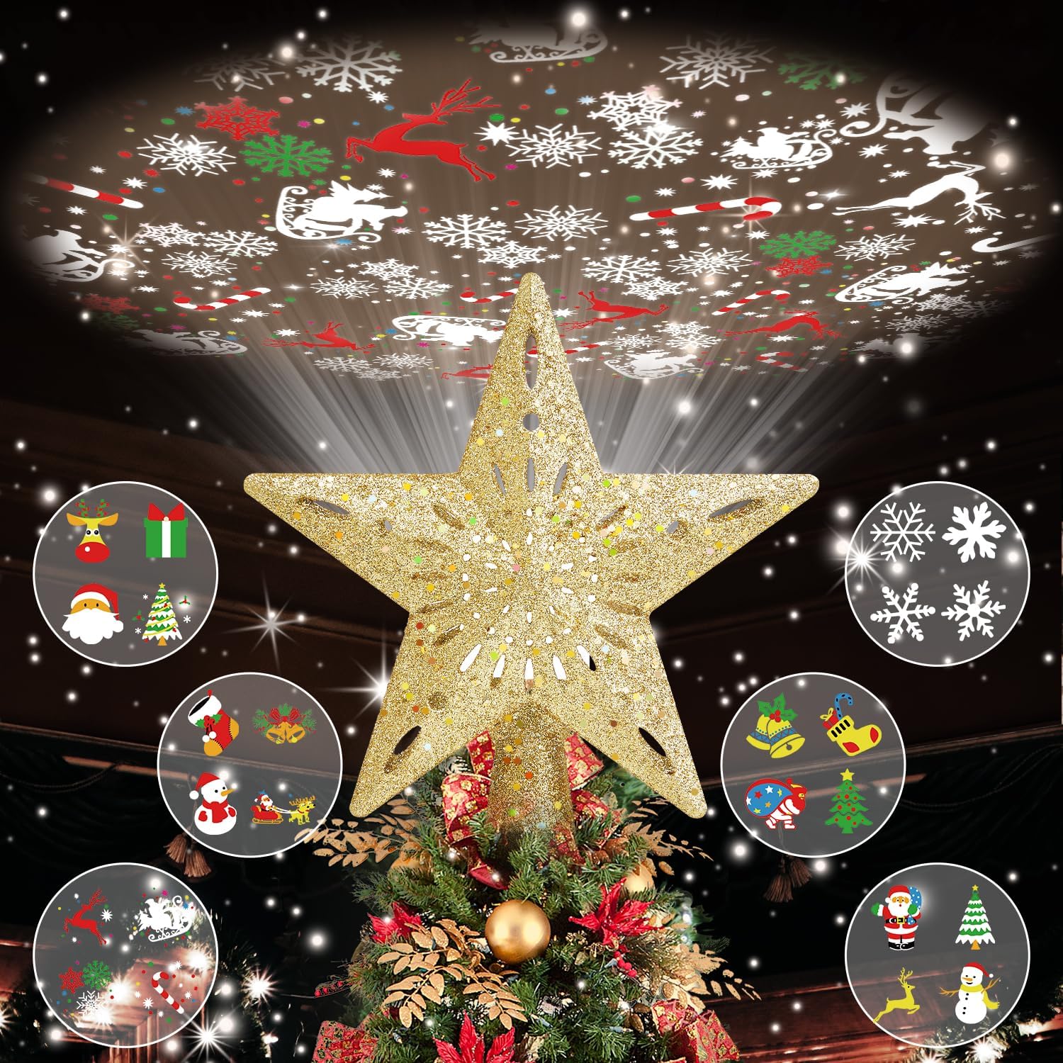 Christmas Tree Topper Lighted, Special Xmas Star Topper with 6 Projected Pattern...