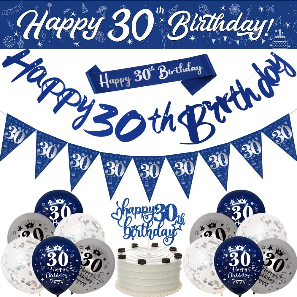 30th Birthday Decorations Men,30th Birthday Banners Navy Blue Silver, Happy 30th...