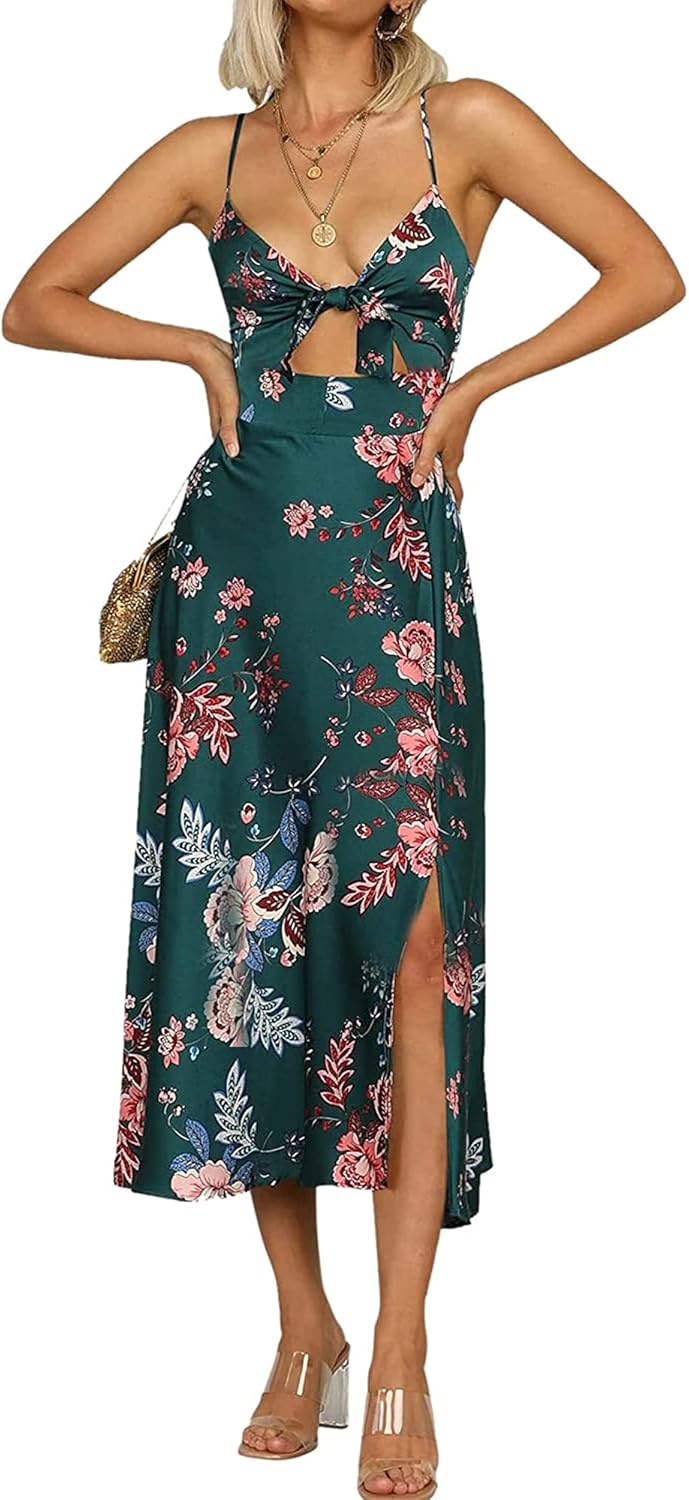 Fashionme Women Spaghetti Strap Midi Satin Dresses Tie Front Backless Split Holl...