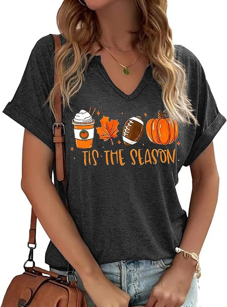 Tis The Season Halloween T-Shirt Womens Funny Pumpkin Short Sleeve Shirts Fall S...