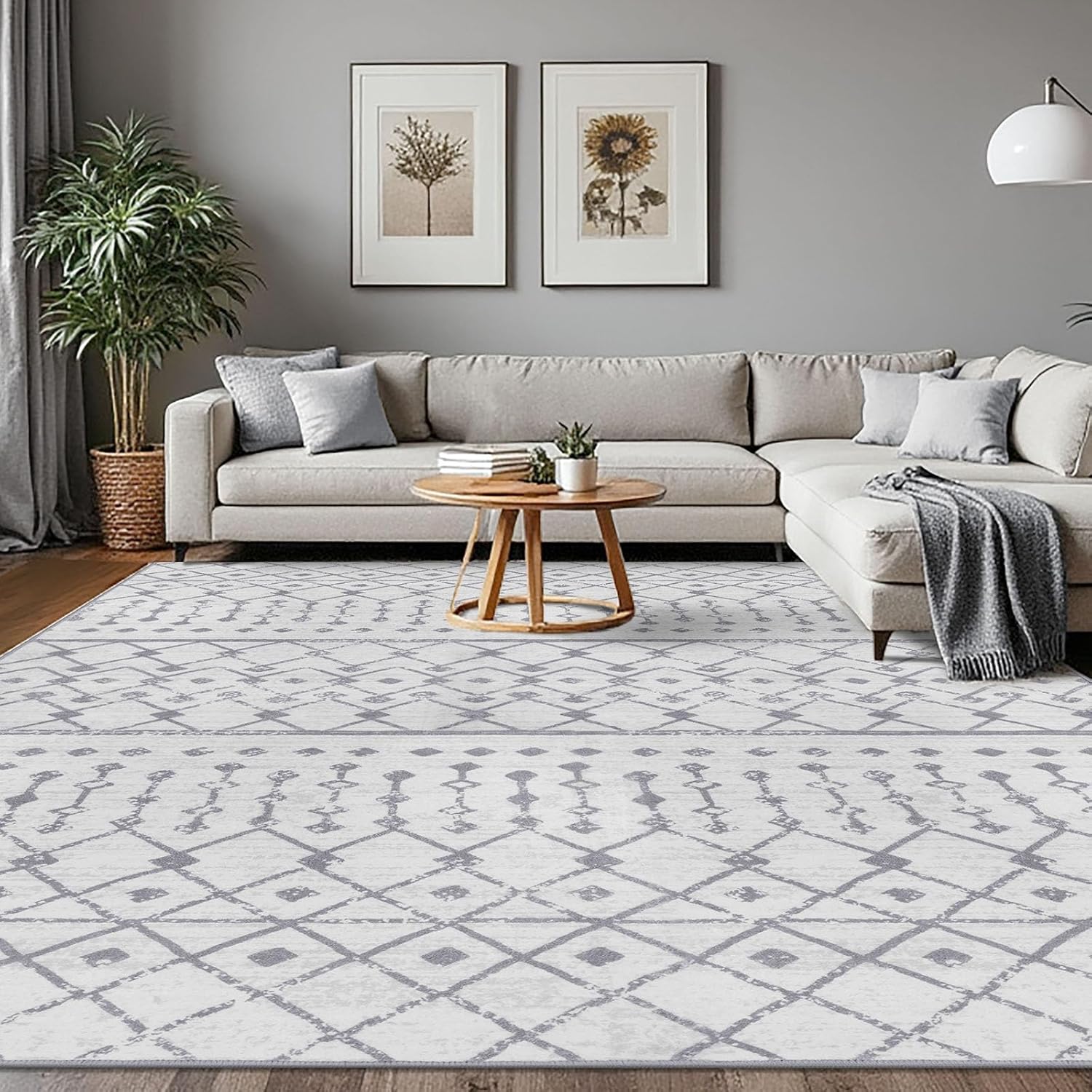 8x10 Area Rugs for Living Room, Ivory Grey Moroccan Washable Large Area Rug, Boh...