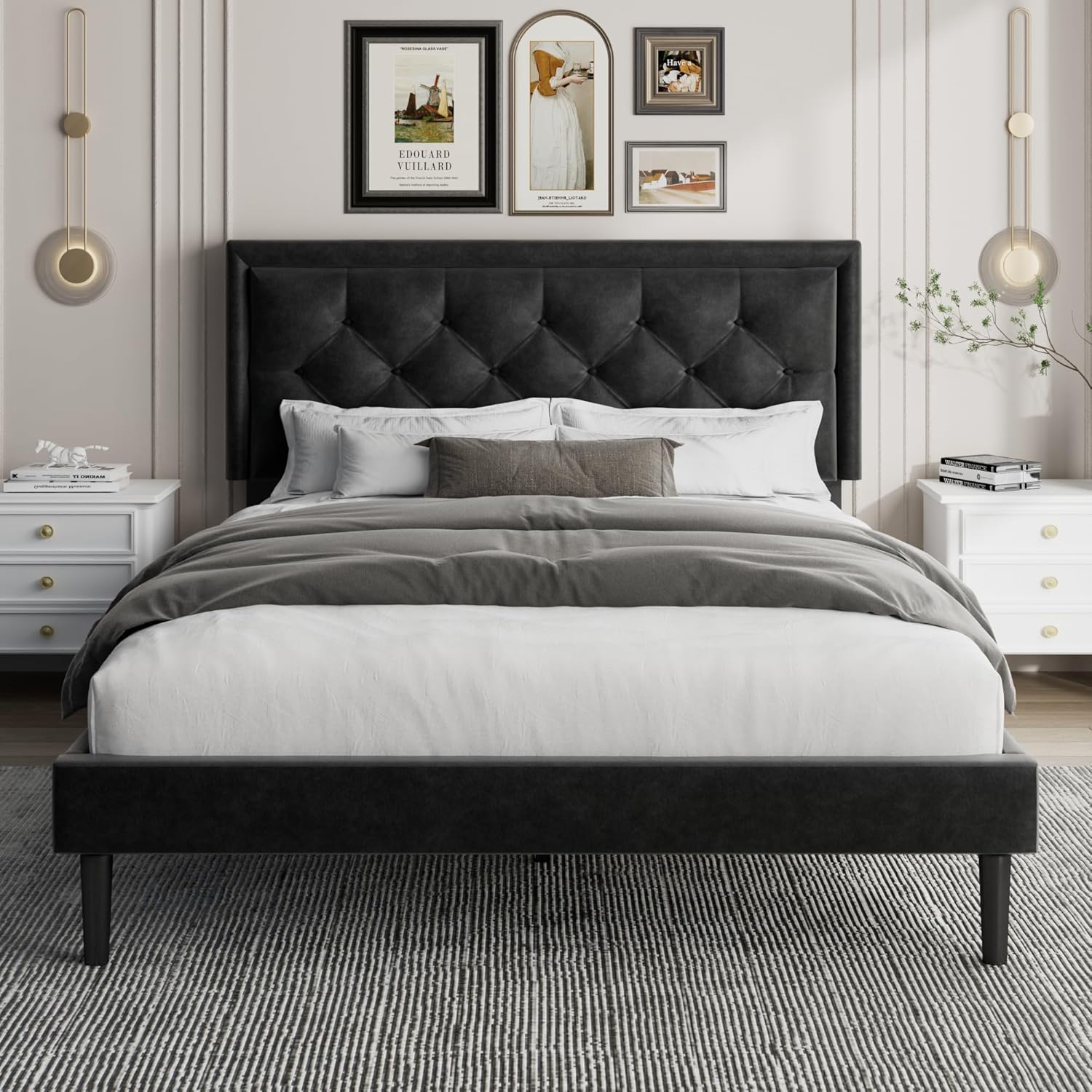 Queen Size Platform Bed Frame with Velvet Headboard, Modern Upholstered Mattress...