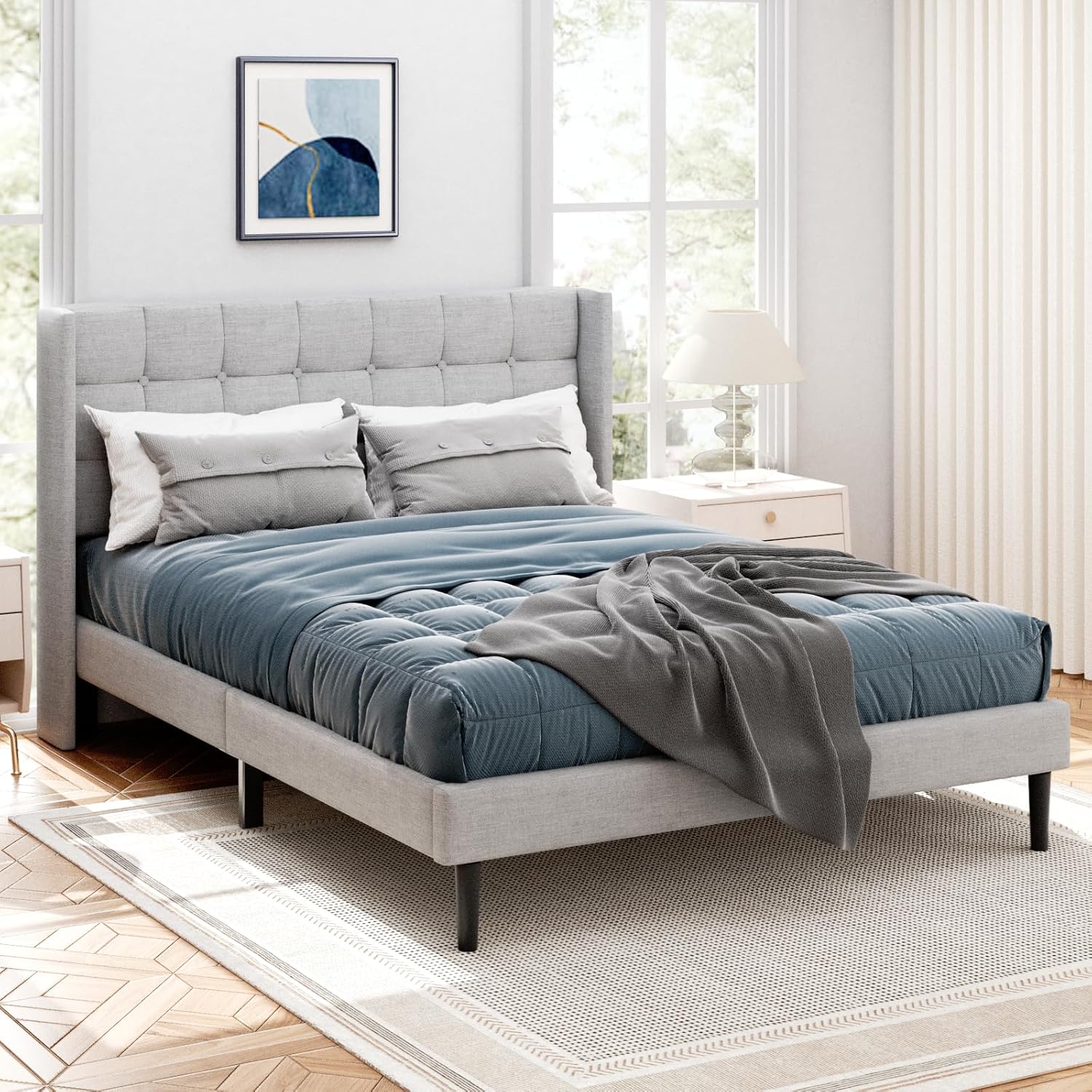 Full Size Bed Frame with Headboard, Modern Upholstered Platform Bed Frames, Butt...