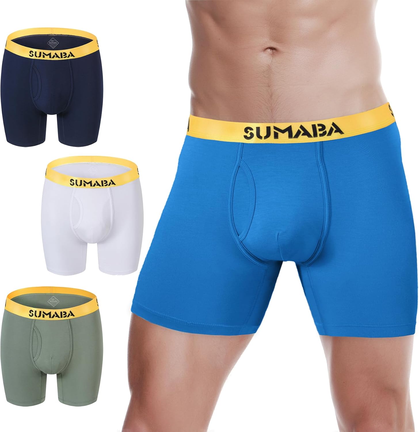Long Leg Men Underwear Boxer Briefs Fly with Pouch No Ride Up Underpants for Men...
