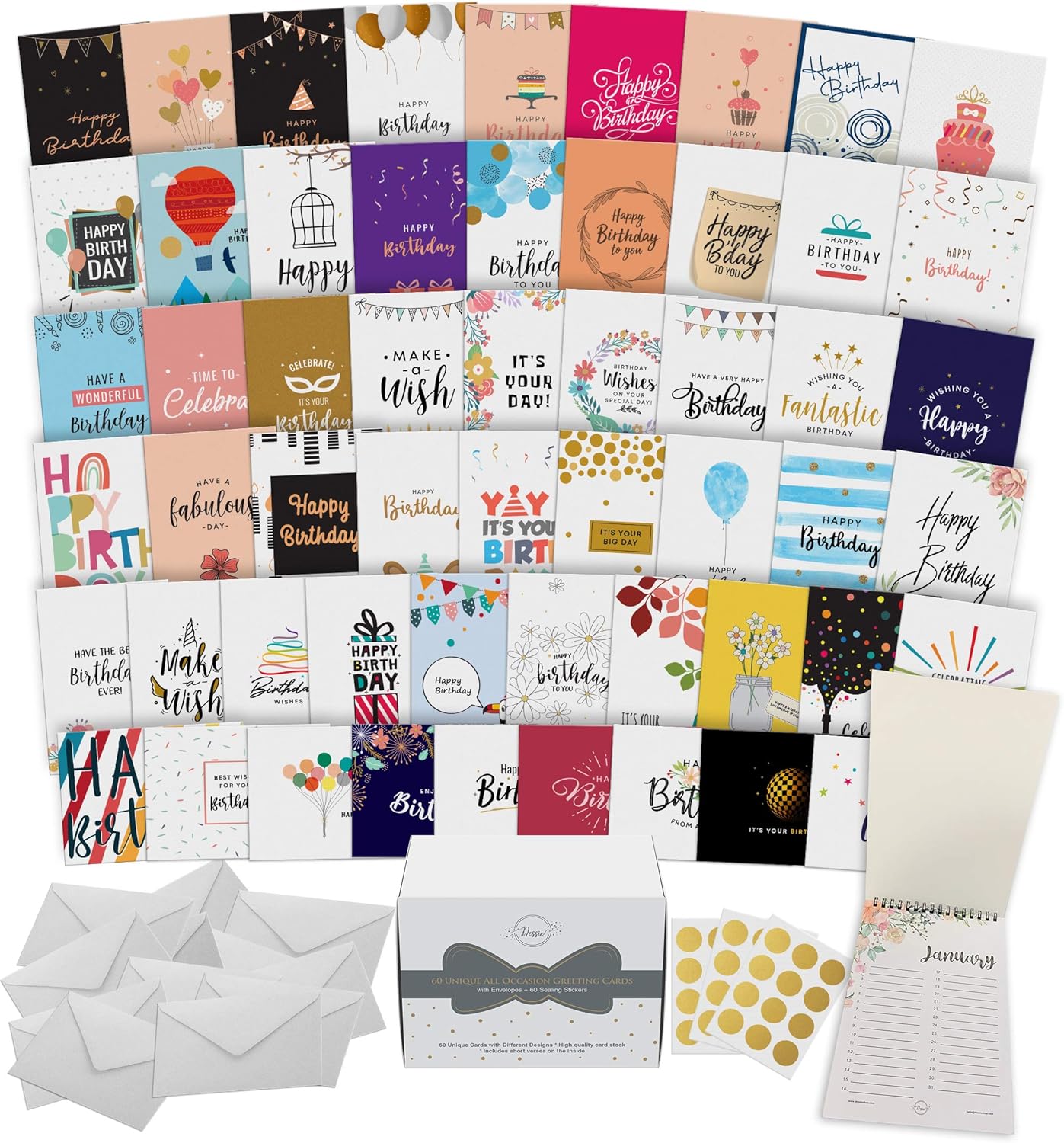 Dessie 60 Unique Birthday Cards Assortment 5x7 with Generic Birthday Greetings I...