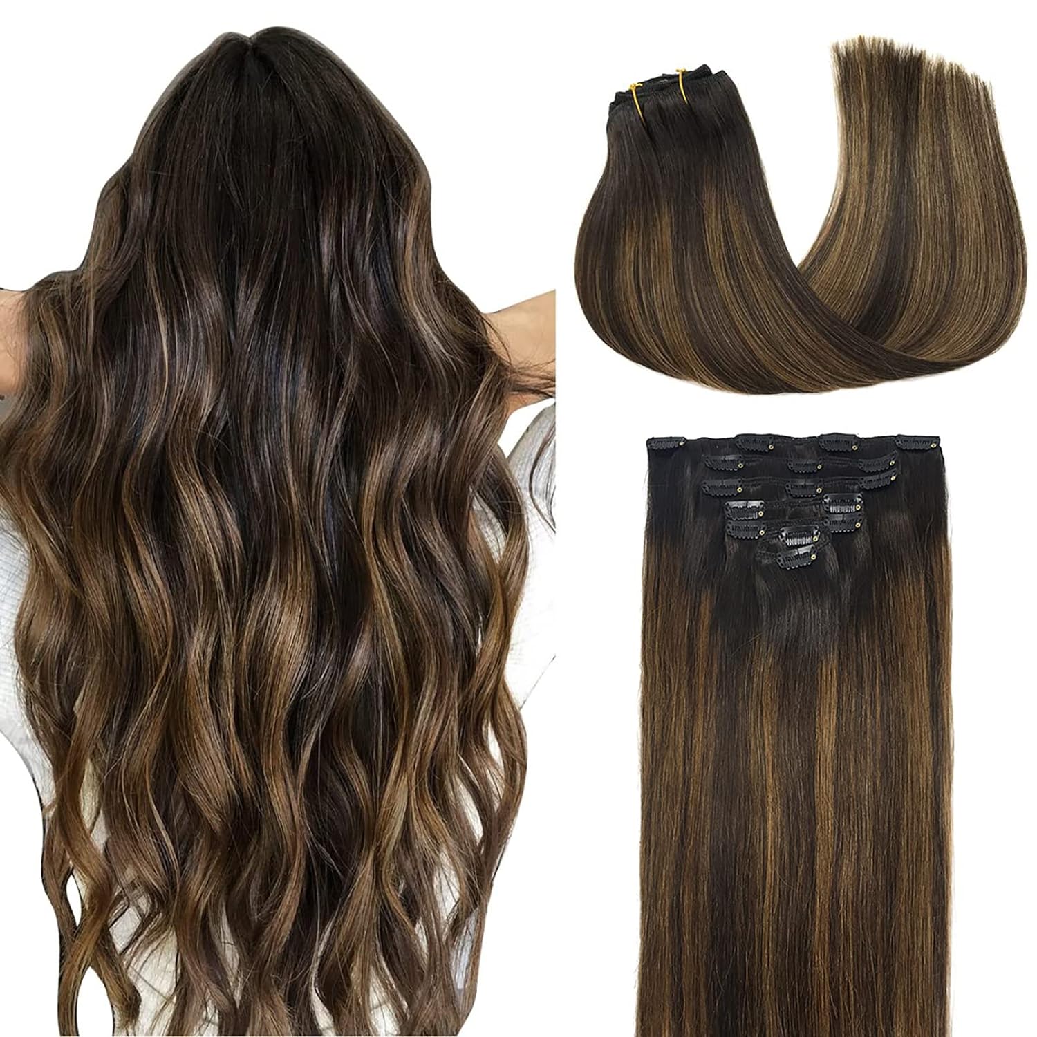 DOORES Balayage Dark Brown to Chestnut Brown Remy Clip-In Hair Extensions - 120g...
