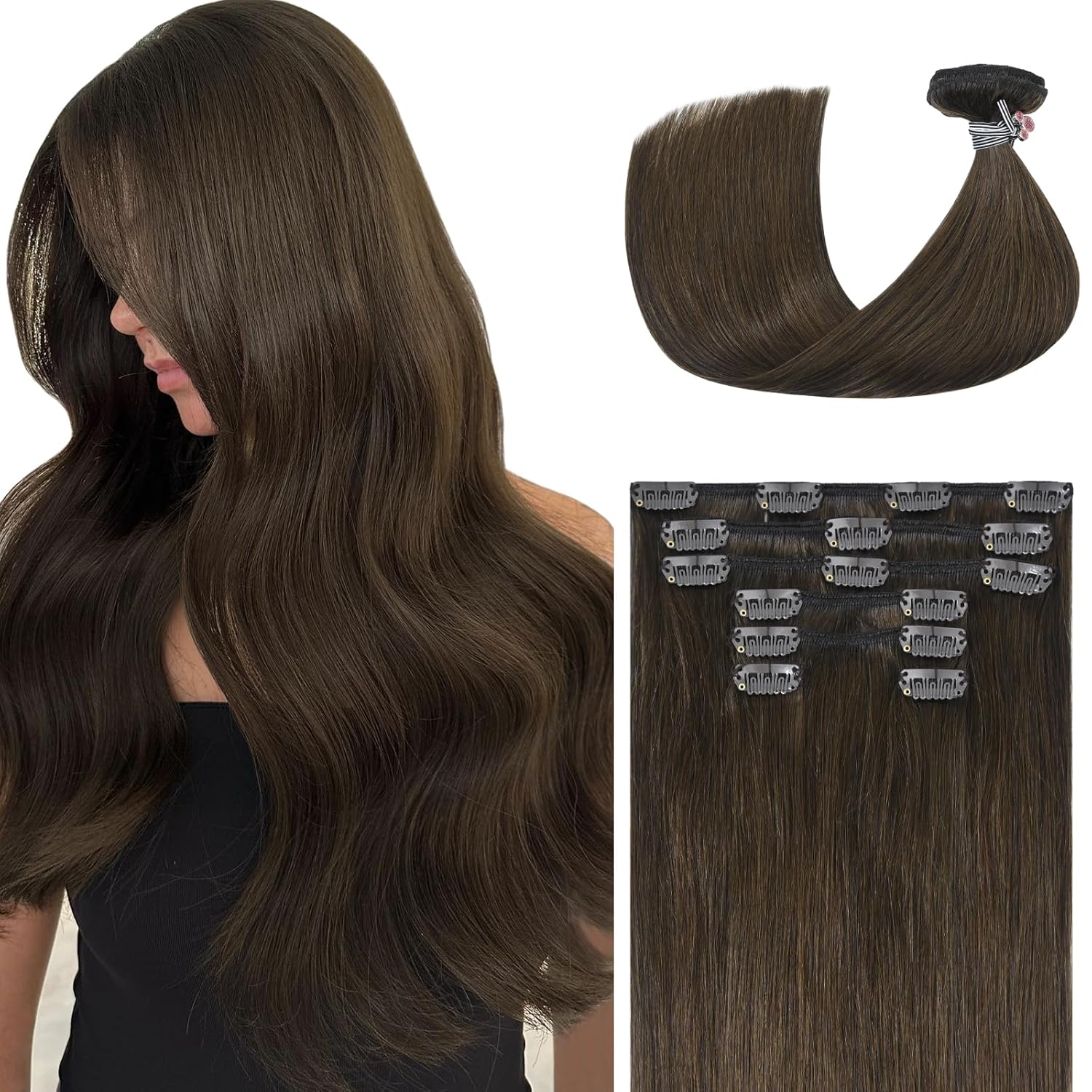 Ukira Medium Brown Hair Extensions Clip in Real Human Hair, 15 Inch 70g 7pcs Cli...