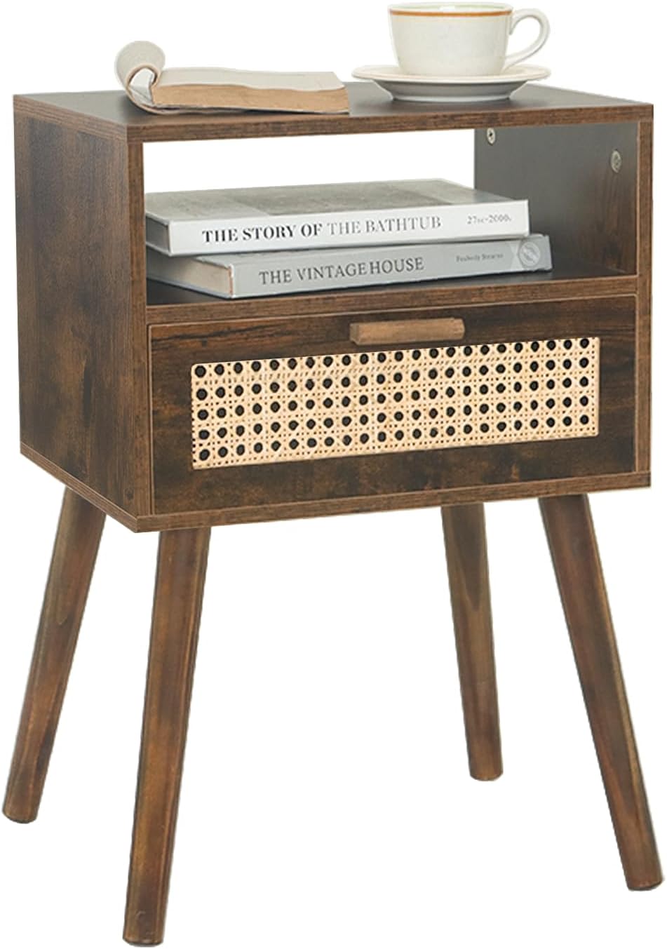 MaxSmeo Mid Century Nightstand, Rattan Side Table with Drawer, Wood Modern Bedsi...