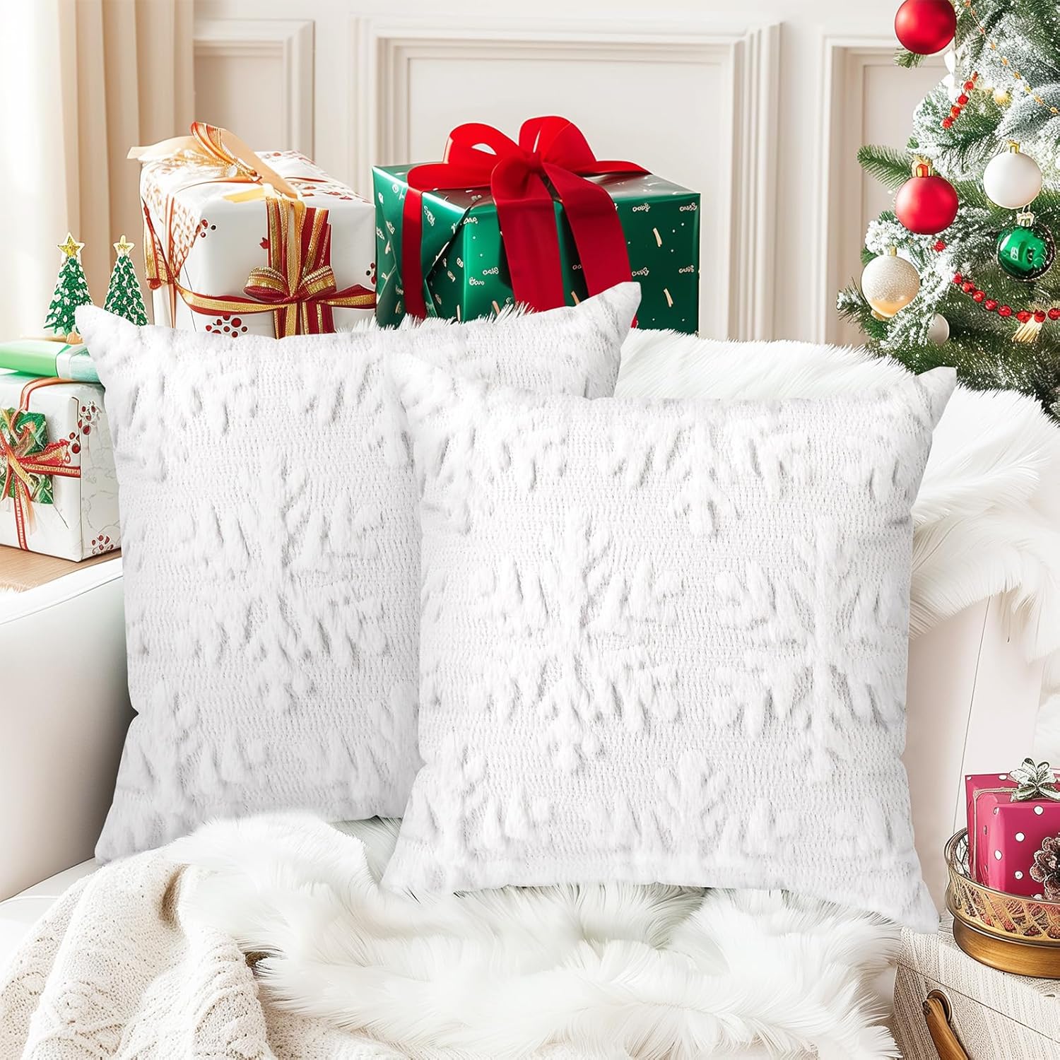 Brightown Christmas Snowflake 18x18 Throw Pillow Covers Set of 2, Soft Fluffy Pi...