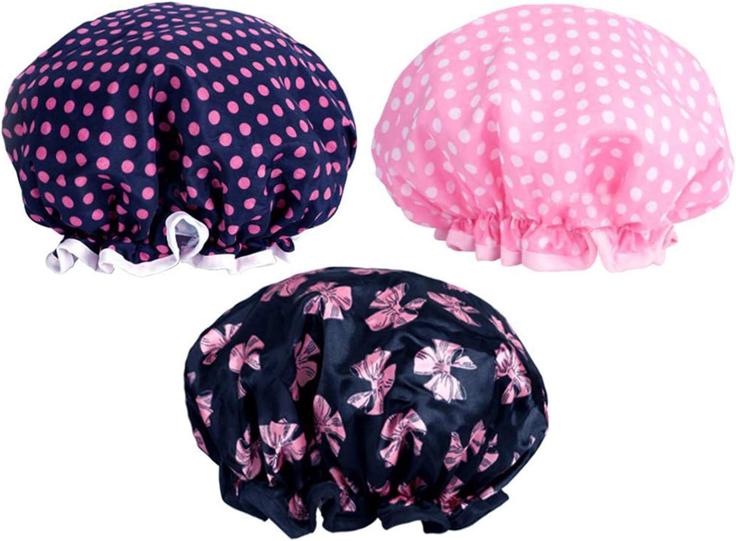 PrettyDate 3 Packs Double layer Shower Cap Waterproof Elastic Bath Cap for Women...