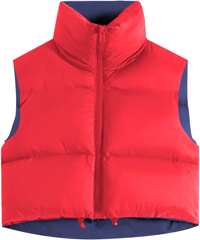 Xeoxarel Women's Crop Puffer Vest with Pockets (XS-XXL) Large Red Navy