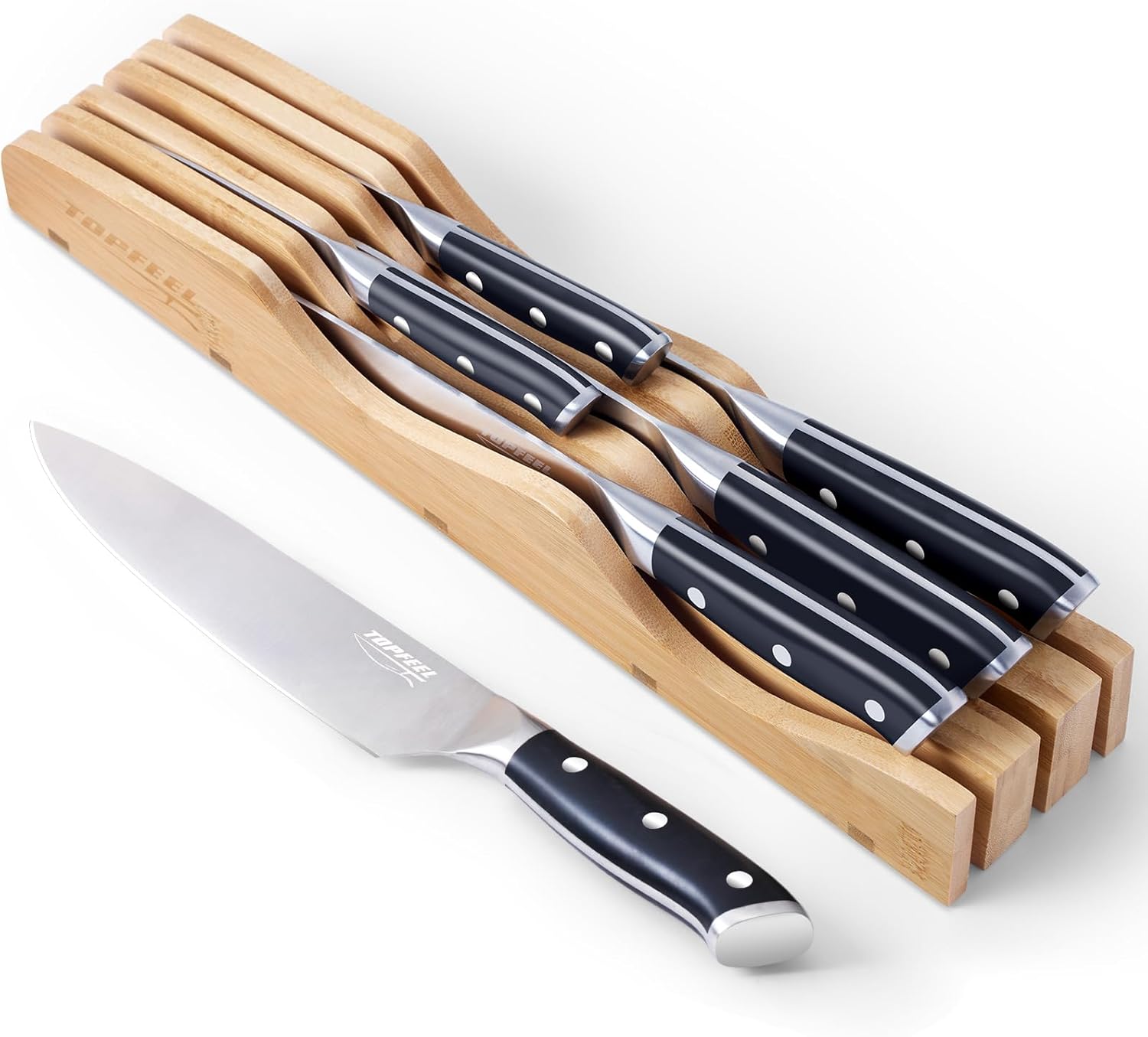 6Pcs Kitchen Knife Set with In-Drawer Bamboo Knife Organizer- 3.5-8 Inch Set Kit...