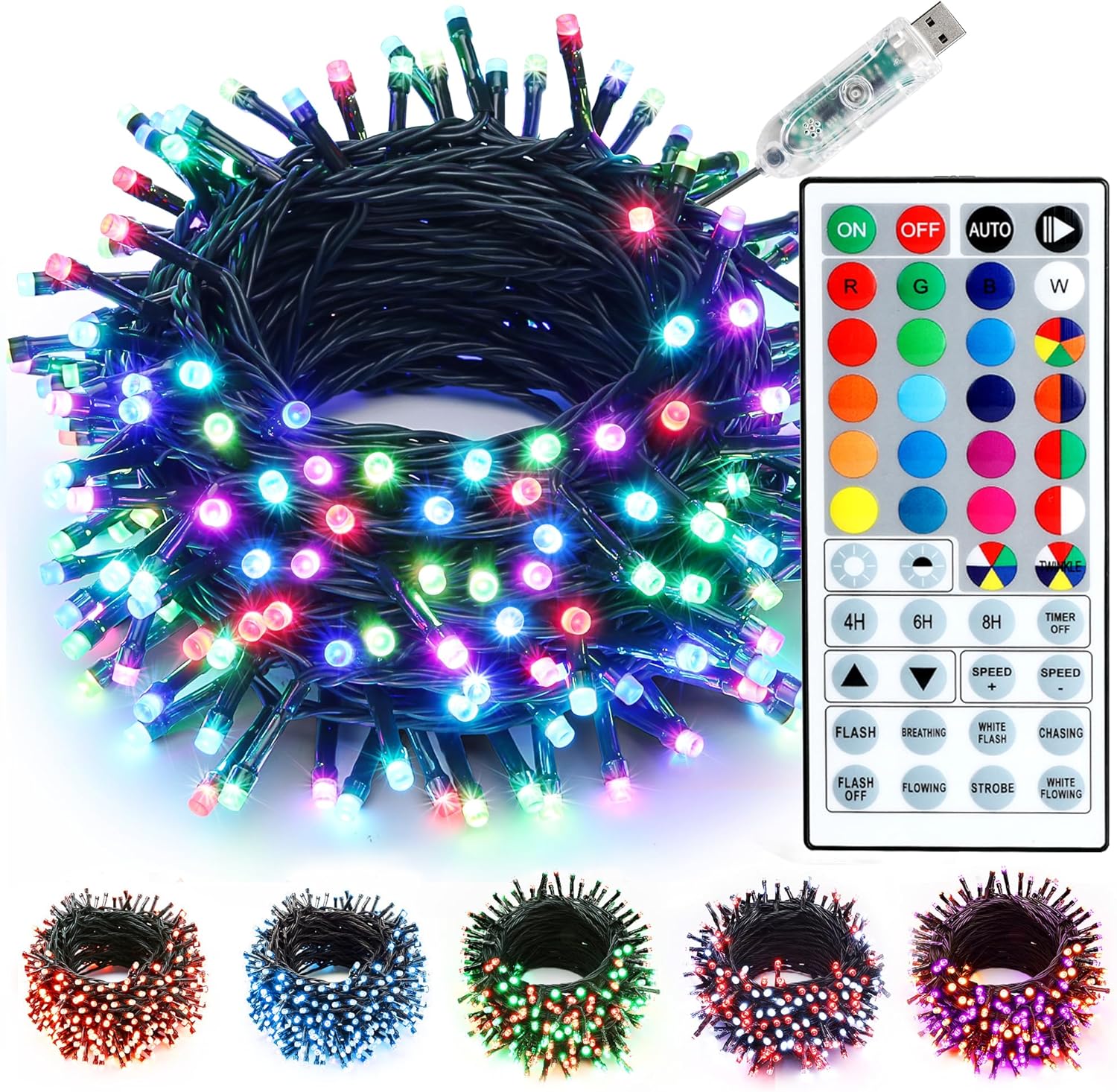 BrizLabs USB Christmas Lights, 33ft 100 LED RGB Christmas Lights, Color Changing...