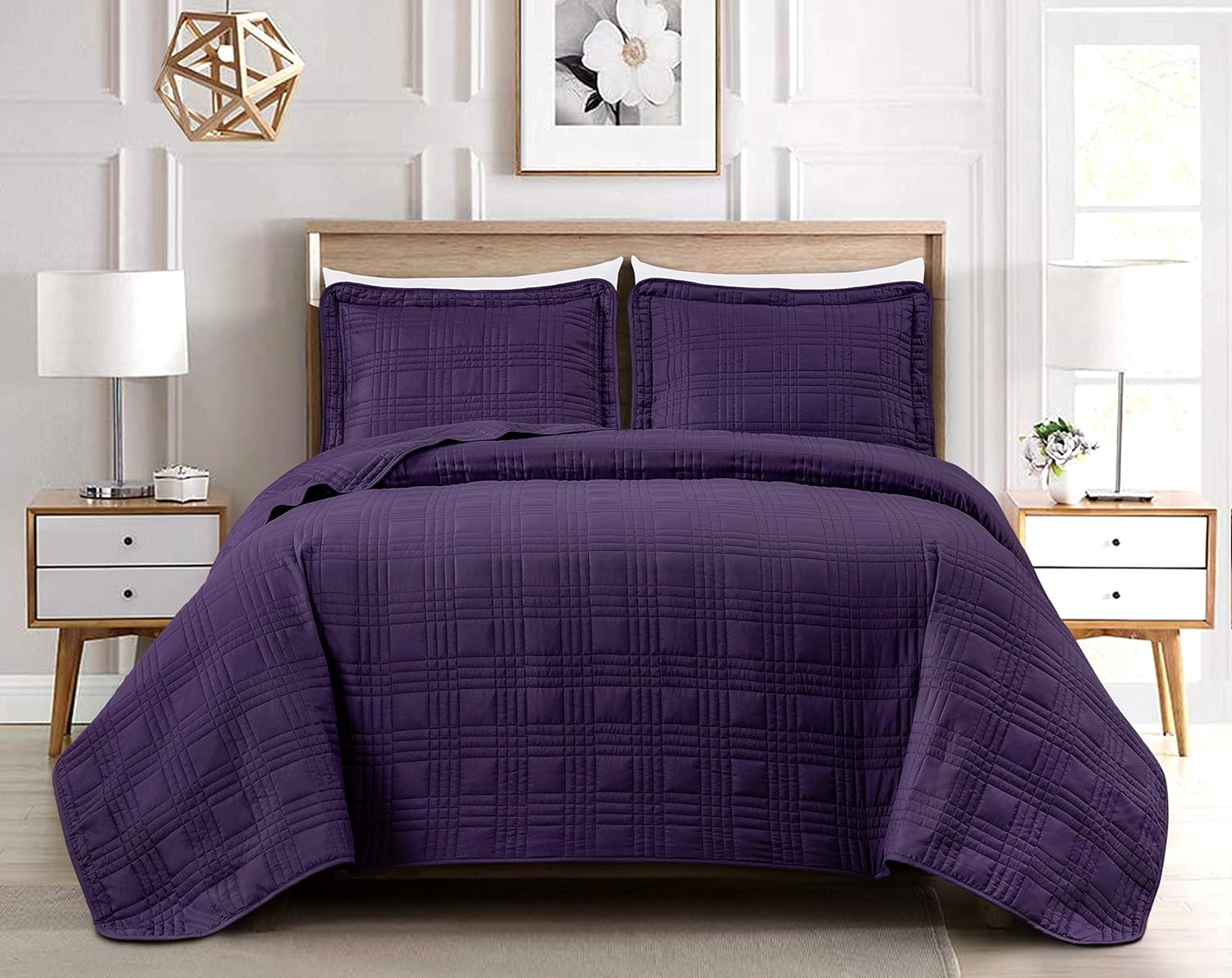 Chezmoi Collection Kingston 3-Piece Dark Purple Queen Size Quilt Set - Lightweig...