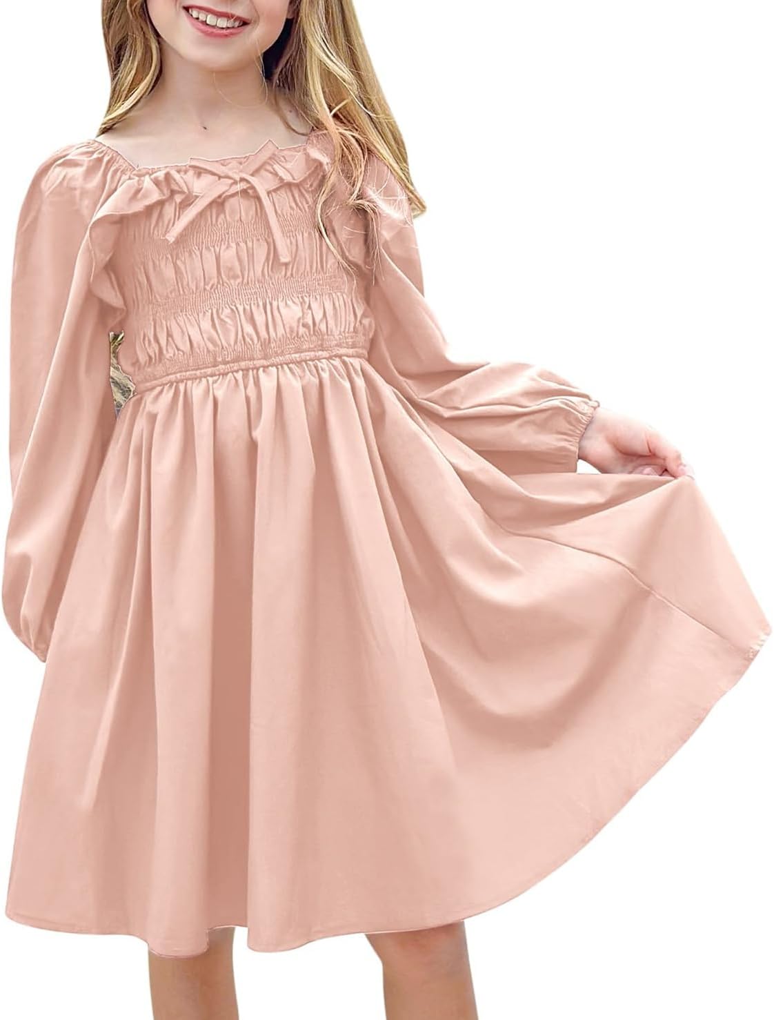 Enlifety 5-12 Years Girls Long Sleeve Dress Ruffles Bowknot Solid Dresses with P...