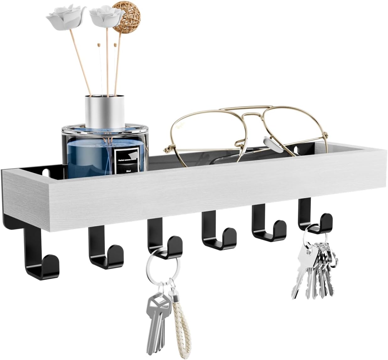 SWTYMIKI Key Holder with Wood Tray and 6 Hooks, Wall Mounted Key Racks, Key Hang...