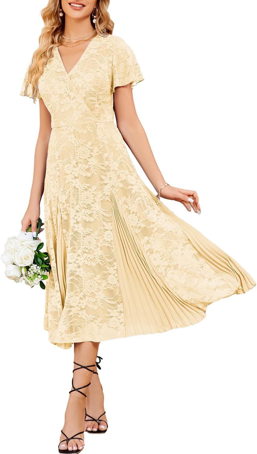 JASAMBAC Women's Lace Floral Midi Dresses Short Sleeve V-Neck Pleated A Line Wed...