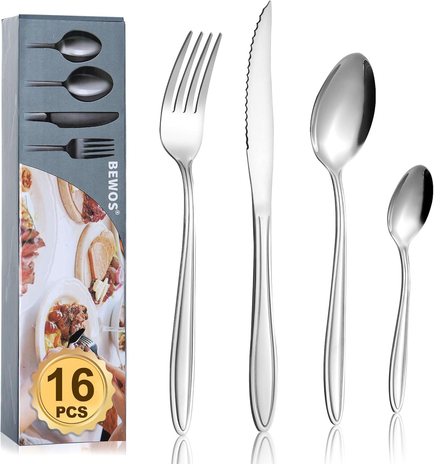 Cutlery Set, BEWOS 16 Pcs Stainless Steel Flatware Set, Tableware with Patterned...