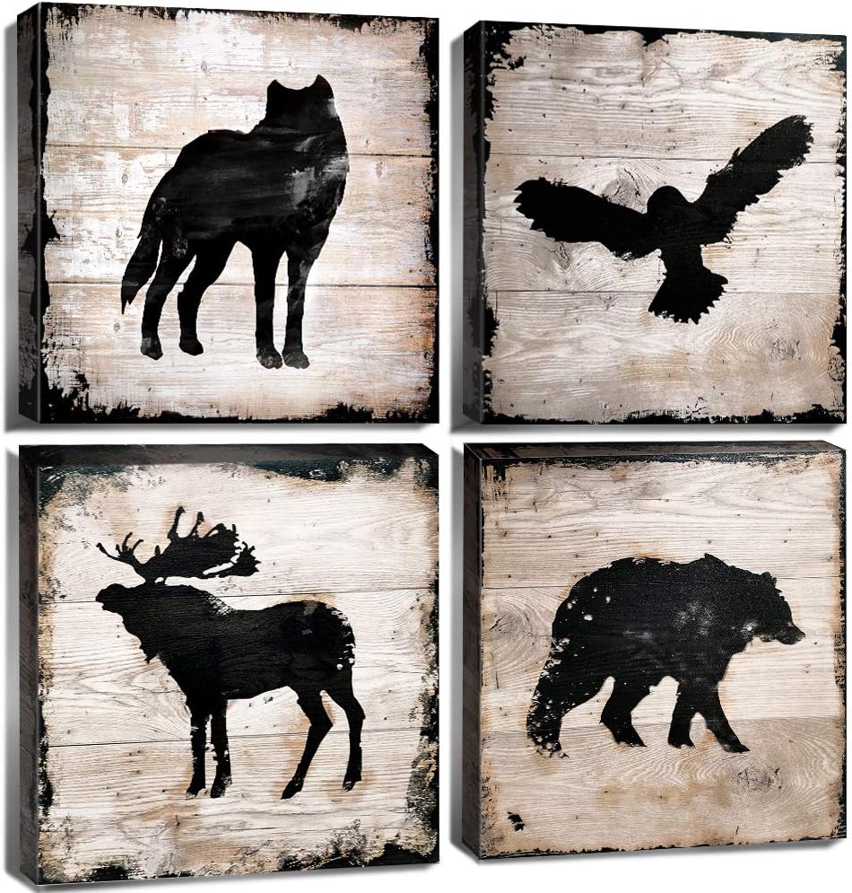 Farmhouse Animal Wall Art, Unique Wildlife Canvas Artwork with Wolf Moose Eagle...