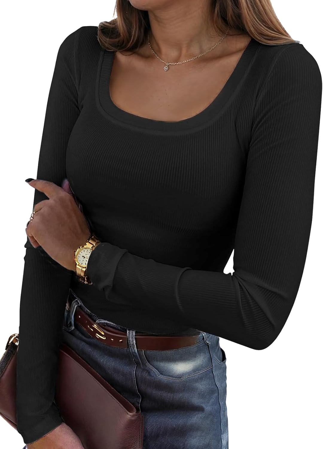 Newchoice Womens Fall Long Sleeve Scoop Neck T-Shirts Knit Ribbed Casual Stretch...